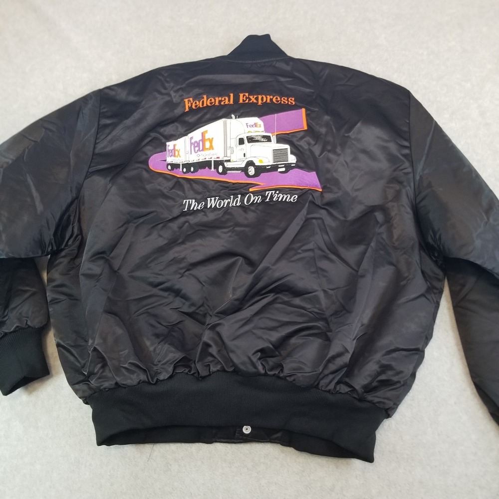 VTG FedEx Jacket Mens Extra Large Black  Satin Bomber Made in USA 90s Birdie